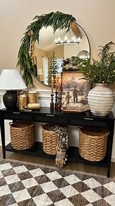 ✨🌲Christmas Console. Comment PLEASE SEND INFO and I’ll send you a link directly to your inbox to shop this reel. Reflecting on last year, my console table was a favorite holiday spot, and many items sold out quickly. Don’t forget to grab your favorites before they’re gone! So many items shown are on sale! This beautiful sign is from my sweet friend April @simplyinspireddesignco. Artwork is size 16x20. Looking forward to working with April again this year! 🤎✨ These beautiful bells shown are fro