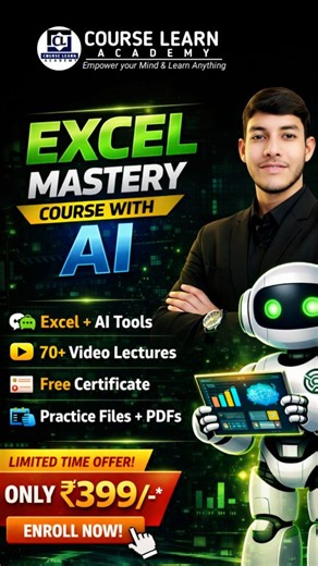 Mashiujama on Instagram: "🚀 Excel Mastery Course with AI Excel + ChatGPT + AI Tools = Smart Career Skills 💼 ✔️ 70+ Video Lectures ✔️ Certificate Free ✔️ Practice Files + PDF Notes ✔️ Hindi + Hinglish Language 🔥 Limited Time Offer: Just ₹399/- (Actual ₹4999) 👉 Enroll Now - Limited time Offer 🚀 Course Highlights ✅ 70+ Practical Video Lectures ✅ Excel + AI Tools (ChatGPT, AI Automation) ✅ Real-world Projects & Practice Files ✅ Free PDF Notes (Lifetime Access) ✅ 100% Practical Learning (No Theo