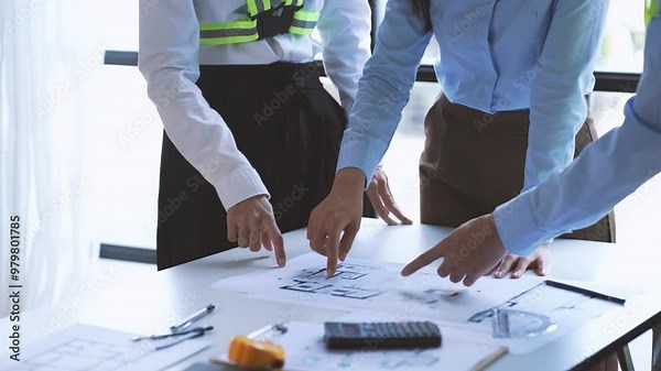 Collaborative Design Review: A team of architects and engineers huddle around a blueprint, their fingers tracing intricate details as they discuss design solutions. The image evokes a sense of teamwor