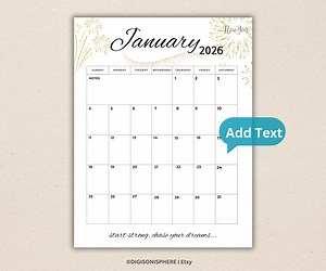 Editable January 2026 Calendar: Simple Script Planner , Printable & Fillable Calendar With Quotes , Instant Download (PDF, PNG, JPG) - Etsy