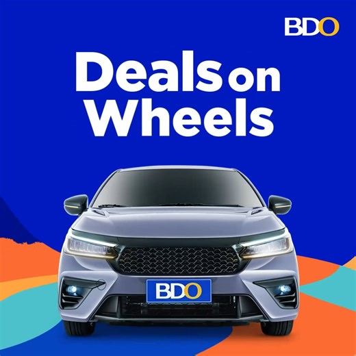 Planning to get a brand new car? Own it today with BDO! Enjoy bigger savings on your Auto Loan with these offers: •Low Interest rates •Rebate of up to P30,000 •Free 1st Yr. Motor Insurance & more Visit the Deals on Wheels online to check latest car models, compute and compare loan options, and apply for an Auto Loan. Offer is also available at any BDO branch nationwide until September 15, 2024. For details, go to bdo.com.ph/dealsonwheels. Terms and Conditions apply. DTI197745 | BDO Unibank