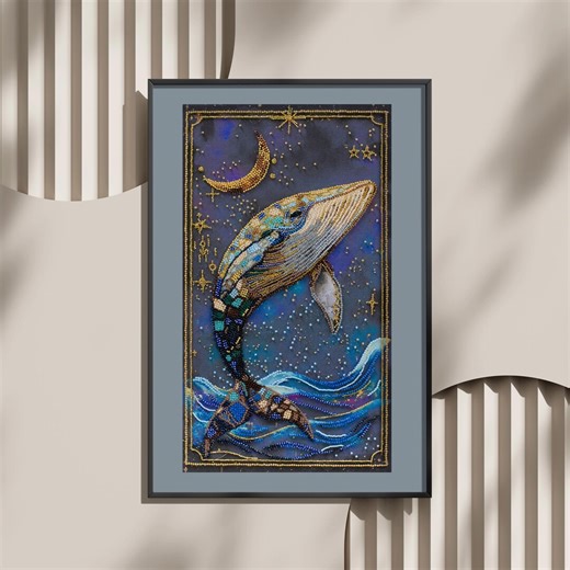 Bead Embroidery Kit Lord of the Depths, DIY Celestial Whale, Beaded Blue Whale, Moon Embroidery - Etsy