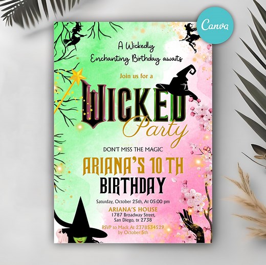 Wicked Birthday Party Invitation, Wicked Party Invitation, WICKED Inspired Movie Ticket, Elphaba & Glinda Theme, Movie Party, Canva Editable - Etsy