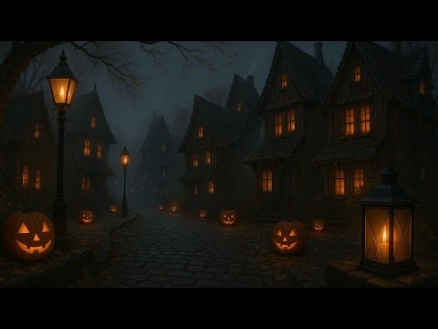 Cozy Halloween Village Ambience - Scary Halloween Music - Spooky Street, Pumpkins, Lanterns & Fog