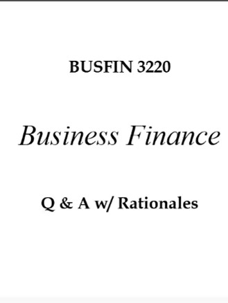 BUSFIN 3220 Business Finance Q & A w/ Rationales 2026 (Complete And Verified Study material) (12pages) LEARNEXAMS A company has a current ratio of 1.5 and a quick ratio of 0.8. What is its inventory turnover ratio? a) 0.53 b) 1.88 c) 2.35 d) 3.75 Answer: b) 1.88 Rationale: The inventory turnover ratio is calculated as (current ratio - quick ratio) / quick ratio. Therefore, (1.5 - 0.8) / 0.8 = 1.88. 2. A bond has a face value of $1000, a coupon rate of 8%, and a maturity of 10 years. What is its 
