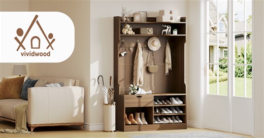 Hall Tree with Bench Walnut Embossed Wood Grain 5-in-1 Entryway Storage 42.9 x 15.94 x 70.86 In