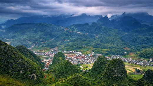 Dong Van in Vietnam with karst mountains and deep valleys