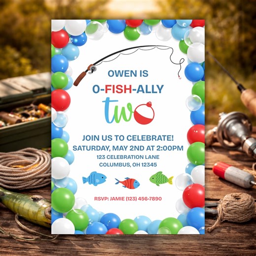 Fishing Second Birthday Invitation Boy, O-fish-ally Two Invite, Editable Canva Template, 2nd Fish Theme - Etsy