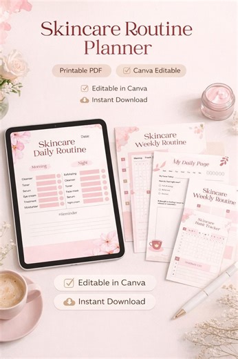 Skincare Routine Planner Printable, Daily Weekly Tracker, Self Care Journal (canva Editable) - Etsy