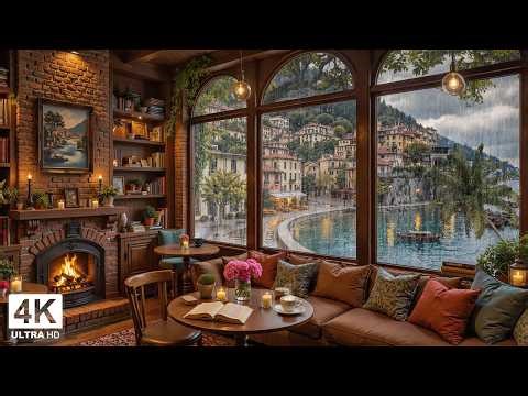 Calm March Rainy Coffee Shop ☕ Jazz Piano & Fireplace Ambience for Study Nights & Working
