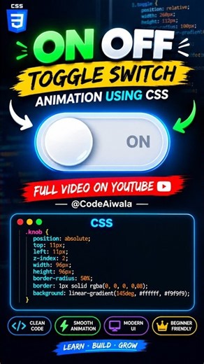 #coding #tech #css Premium ON OFF Toggle Switch Using HTML CSS & JavaScript 😍 | #java #developer #ai