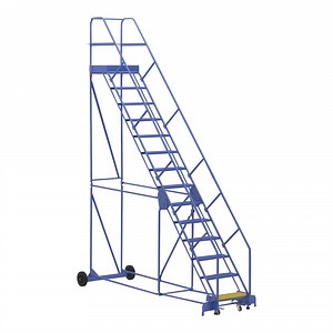 Vestil 14-Step Steel Rolling Warehouse Ladder with 23 9/16" Wide Perforated 50-Degree Angled Steps and 21" Deep Top Step LAD-14-21-P-EZ