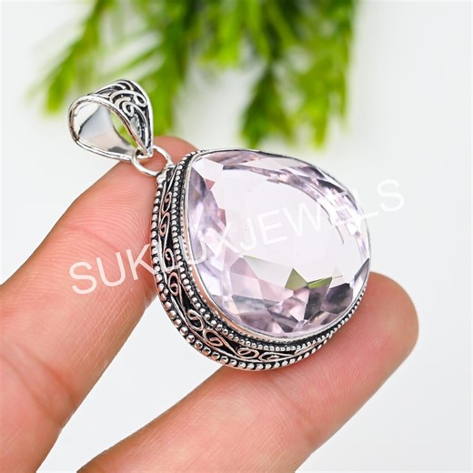 Faceted Rose Quartz Pendant: Sterling Silver Handmade Jewelry Gift - Etsy
