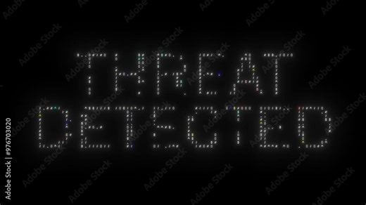 THREAT DETECTED text made from symbols with technology glitch effect. Looped hacking animation, cybercrime concept. THREAT DETECTED glitch notification, ASCII typography. Security breach.
