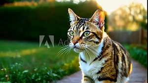 A cat walking gracefully along a garden path, its fur moving softly in the breeze. The camera follows the cat's movements, focusing on its elegant stride and curious expression, Close-up tracking shot