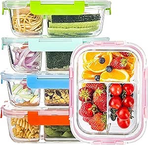 Glass Food Storage Containers 3 Compartment with Lids (5 Pack, 34oz), Divided Glass Meal Prep Containers for Lunch at Work, Leak-Proof Portion Control Food Containers, Microwave/Dishwasher Safe