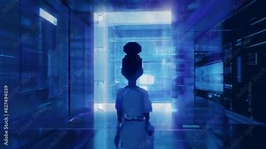 An animation depicting a character exploring a virtual reality world within a futuristic setting, with pixel art representing the virtual environments and interactions.