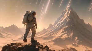 Download Astronaut exploring a majestic alien mountain landscape, capturing the essence of futuristic space travel, interplanetary discovery, and the awe of extraterrestrial adventures in outer space. for free