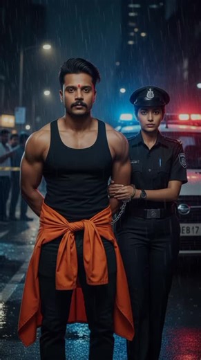 Vicky Roy Mast on Instagram: "ULTRA-REALISTIC 8K cute police 🚓 🚨 PORTRAIT of a stylish young man [ keep it real face from uploaded image ] "A, ultra-realistic 8k full-body photo of a muscular young man with voluminous black hair with fade haircut being arrested at night. He is wearing a black ganji a bright orange prisoner jumpsuit tied around his waist, with his hands handcuffed behind his back. Behind him, a young woman dressed in a black police officer costume with a peaked cap is holding t