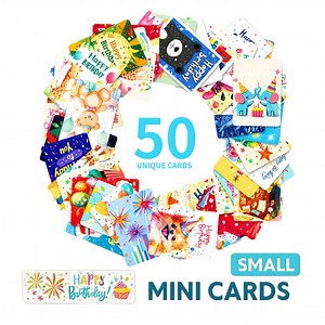 50 Pack Mini Happy Birthday Cards – Assorted Cartoon Note Cards, Bulk Value Small Greeting Cards for Kids, Parties & Gifts