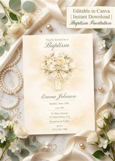 Baptism Invitation Template Editable Canva Floral Cross Bow Pearl Christening Invite Elegant Gold Printable - Etsy