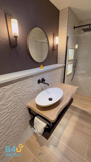 First impressions matter! The B4U Install team recently completed this stunning guest bathroom renovation for a family home in Tralee, creating a stylish and welcoming space that’s sure to impress visitors. This beautiful bathroom showcases a distinctive 1200mm rustic vanity with shelf topped Coycama with a sleek SONAS Bathrooms oval basin, chic matt black Noken Porcelanosa Bathrooms taps and fixtures that create a bold modern look, and wall-hung sanitary ware for clean lines throughout. We’ve a