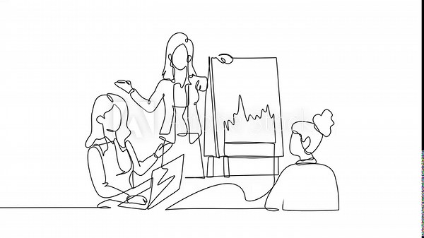 Animated self drawing of continuous line draw three women in business meeting setting. One woman is giving presentation next to flip chart with an upward trend graphs. Full length one line animation