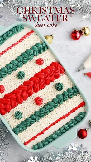 Whitney DePaoli | Sugar & Sparrow on Instagram: "This Christmas sweater sheet cake turned out even cuter than I imagined 🥹 the buttercream pom poms are everything!! The full cake decorating tutorial is live on my blog today if you’re looking for a fun way to decorate your holiday sheet cakes 🎄 ⁣ ⁣ Tutorial linked in my bio + at sugarandsparrow.com/christmas-sweater-sheet-cake⁣ ⁣ 🎨 Colors: @americolor Super Red + Forest Green⁣ ✨ Piping Tips: @wiltoncakes 4B, 3, 32, 10, and 233 for the pom poms
