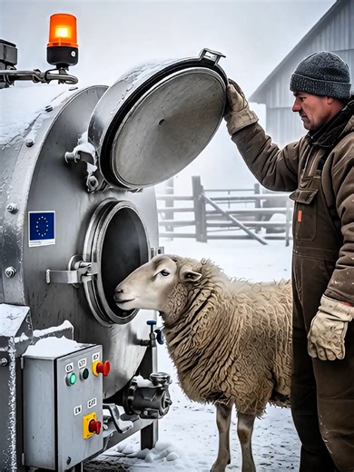 European Farm Machine Experiment – Sheep Processing in Winter 😲In a snowy European farm, a farmer uses a powerful industrial machine with a control panel and European flag. The sheep goes inside the machine and the farmer starts it. After some time, he stops the machine and opens the door to reveal a surprising result. A cinematic 8K realistic farm experiment scene with dramatic winter atmosphere, steam, and mechanical details.#AIvideo #CinematicReels #FarmExperiment #8KRealistic #ViralReels 🎬