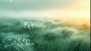 Soft green grass field moving in the wind. Nature spring background. Selective and soft focus of grass, flowers and wild plants moving by a blowing wind and illuminated by a golden sunset. Summer 4k
