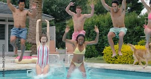 friends jumping in swimming pool having fun celebrating summer vacation together group of teenagers enjoying pool party on sunny day spring break celebration 4k