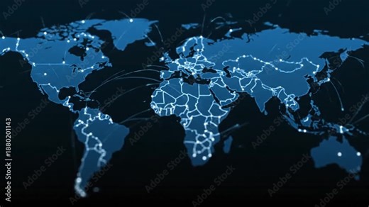 Global network connections and communication routes visualized on a world map, illustrating international connectivity