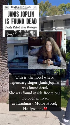 October 4, 1970. Room 105 at the Landmark Motor Hotel, Hollywood. Janis Joplin was staying there while recording Pearl. She missed a scheduled meeting, and the next day she was found alone in her room. The official cause of death was an accidental heroin overdose, with alcohol also present. Her car was still parked outside. No note was found. The hotel was later demolished, and the site is now an apartment building with no marker. 💔 #hollywood #janisjoplin #1970s #truecrime #losangeles