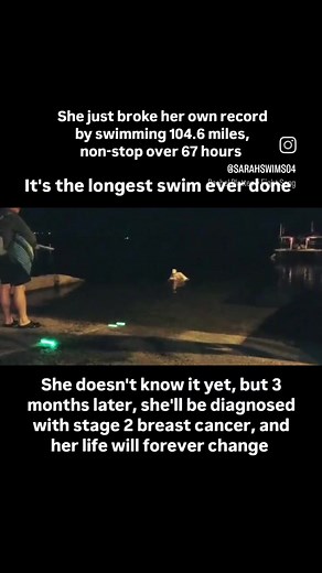 In August 2017, I finished the longest swim ever done. I covered 104.6 miles in just under 3 days. It's still the longest swim ever completed in either fresh water or salt water, without the aid of a wetsuit or currents. I didn't stop to sleep or take a break on the boat. No one touched me. I swam in a regular swimsuit, with just a cap, goggles and ear plugs. I didn't know this was just a warm up for real life. Three months later, I was diagnosed with stage 2, triple negative breast cancer. I di