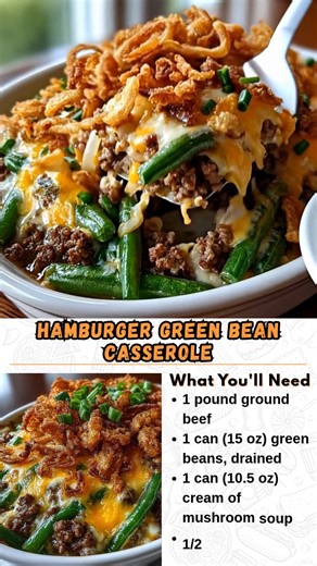 Hamburger Green Bean Casserole A hearty, family-style classic that combines savory ground beef, green beans, creamy mushroom sauce, melty cheese, and crispy fried onions. This comforting casserole is simple, satisfying, and perfect for busy weeknights. What You'll Need 1 pound ground beef 1 can (15 oz) green beans, drained ........................ Full Recipe in Coʍmеոτ 💬 | Fascinating Recipes