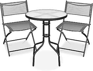 Best Choice Products 3-Piece Patio Bistro Dining Furniture Set w/Glass Tabletop, 2 Folding Chairs, Steel Frame, Polyester Fabric - Gray