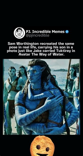Sam Worthington recreated the same pose in real life, carrying his son in a photo just like Jake