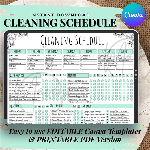 Cleaning Schedule, Editable Printable, Daily Weekly Monthly, Kitchen Cleaning, Kids Chore Chart, Clean Home Checklist, Organization List - Etsy