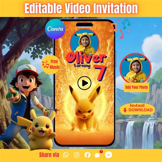 Pokemon Animated Video Invitation, Pikachu Birthday Invite, with photo,Editable Canva (Instant Download)