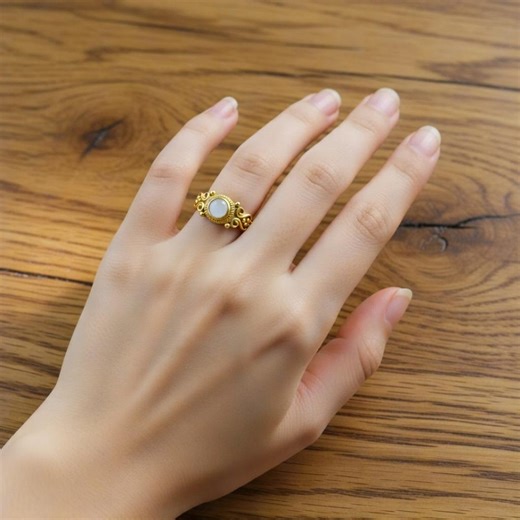 Vintage Inspired Brass Gemstone Ring, Filigree Band, Oval Cabochon Setting, Adjustable Sizes, Boho Statement Jewelry - Etsy