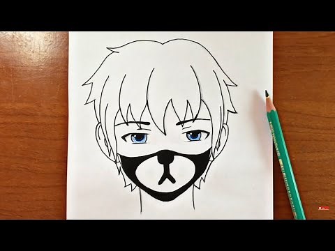 رسم انمي سهل | تعليم رسم ولد يرتدي كمامة بطريقة سهلة وبسيطة
