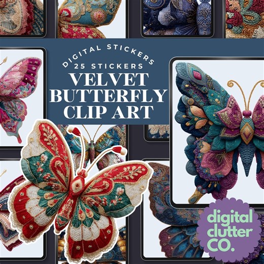 Velvet Butterfly Clip Art – Ornate Enchanted Embroidered Butterfly PNG Stickers - Etsy
