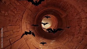 camera tracks a group of vampire bats in a 360-degree shot as they undulate through the castle corridors. Red gel lighting enhances the menacing atmosphere