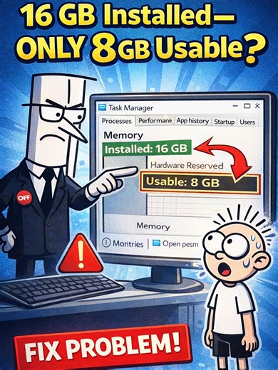 If your PC shows 8GB usable out of 16GB… It’s NOT always a hardware problem. Let’s fix it properly. #DidYouKnow #TechHacks #PCProblems #WindowsFix #ComputerTips #LearnOnTikTok #ITLife #NerdTok #TechMyths