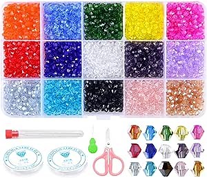 BNK Bicone Beads for Bracelets Jewelry Making 2800Pcs 4mm 15 Colors Faceted Briolette Crystal Glass Beads with Beading Needles, Needle Threader & Elastic Strings