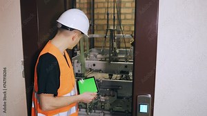 Using a digital tablet, the engineer regulates the elevator security system. A repair engineer is fixing the elevator, the doors are open.