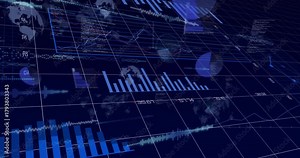 Camera panning and tilting, revealing 3D analytics dashboard, charts animating to show live trends