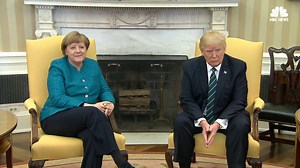No handshake? President Trump and German Chancellor Angela Merkel shared an awkward moment during a photo-op before their joint press conference. Read more: http://nbcnews.to/2nNQnEY | NBC News