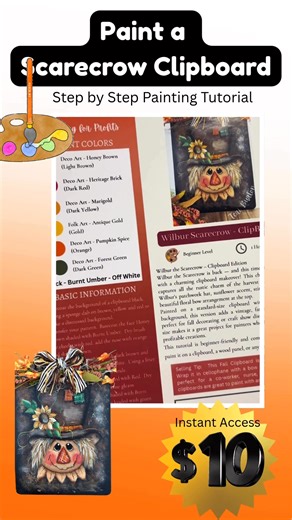 Just $10 (just one time fee) for a complete tutorial on how to paint a fall scarecrow on a clipboard. The tutorial comes with a complete step-by-step, painting, video, line drawings, recipe card, and supply list. Link in comments Everything you need to paint your own clipboard. #craftshow #painting #fallcraftspaint #makersgonnamake | The Robin's Nest by Teri
