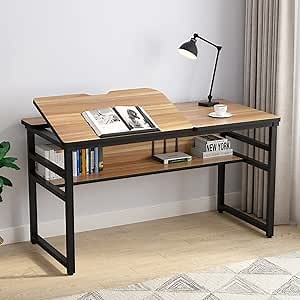 Tribesigns Modern Drafting Desk Drawing Table with Storage Shelf, 55 inch Large Computer Desk Writing Desk Craft Workstation with Tiltable Tabletop for Artist, Home Office